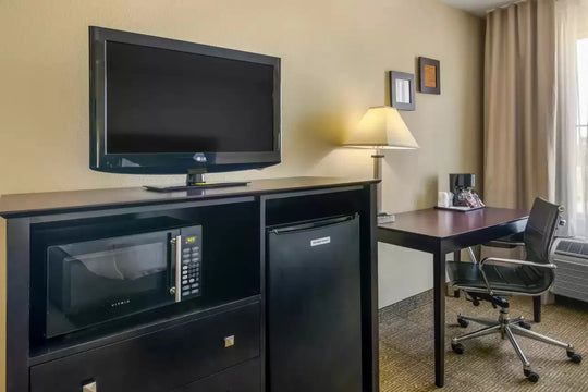 Hotel Room TV, Microwave, Mini-Fridge, and Workstation